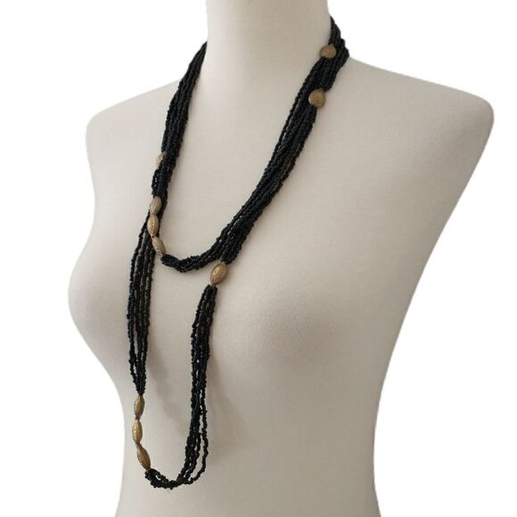Multi Strand Beaded Necklace LONG 60" Black Seed Beads Brass Colored Stations - Picture 7 of 16